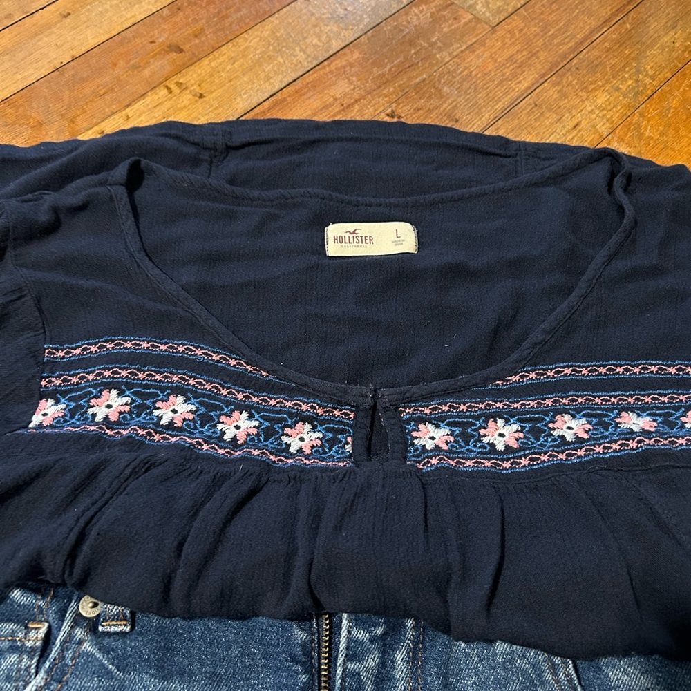 Hollister Blue Embellished Blouse with V-Neckline